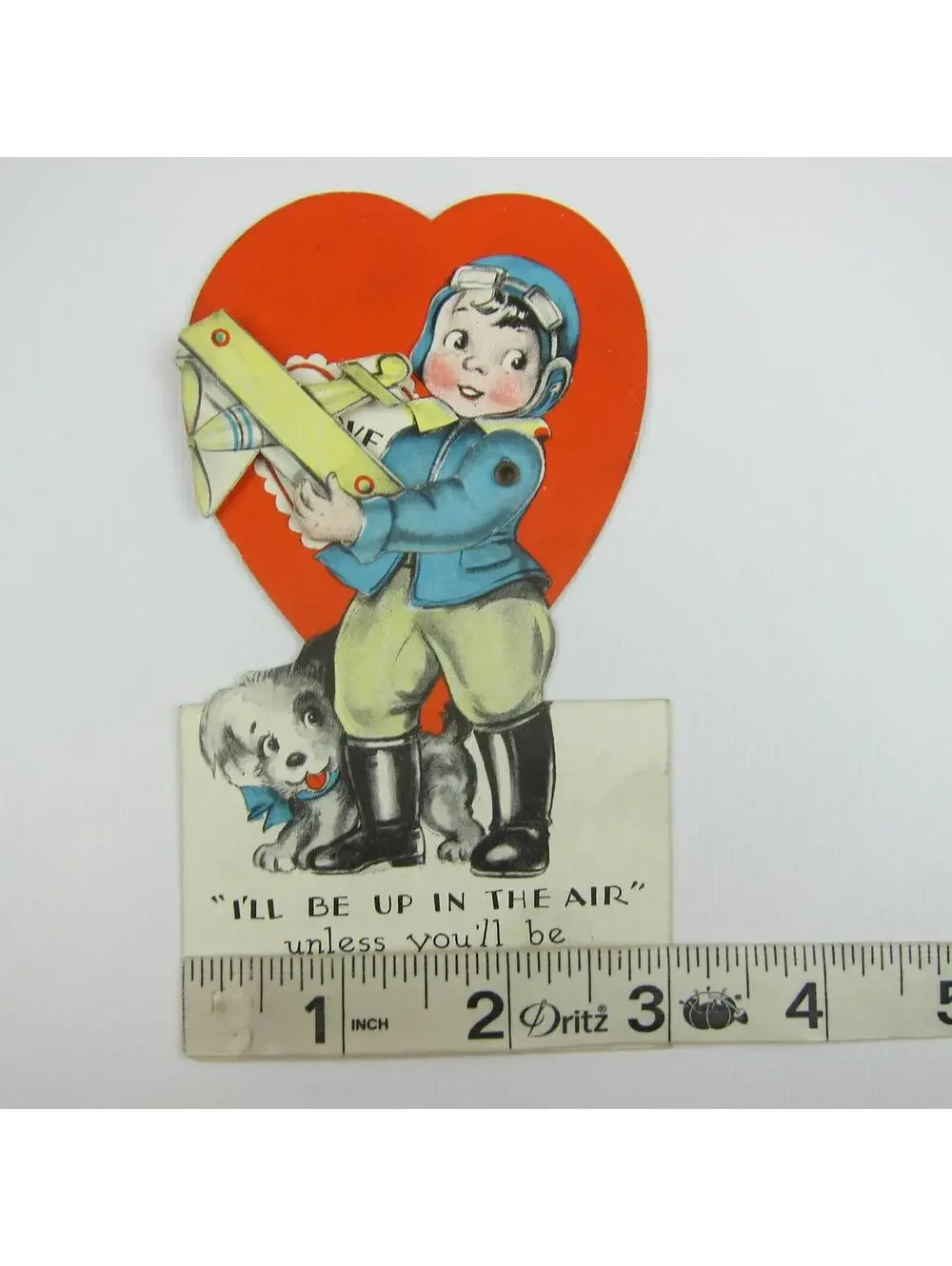 Vintage Valentine Card Mechanical Boy Pilot & Puppy Dog Toy Biplane Moves Heart